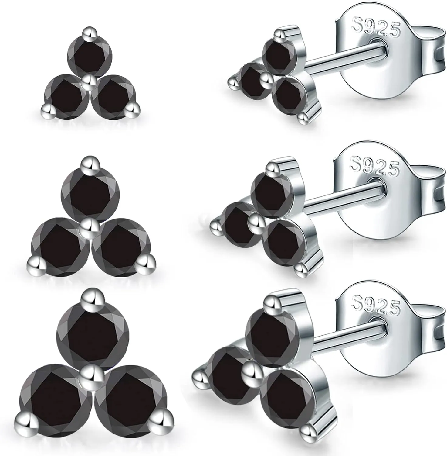 Sterling Silver Stud Earrings for Women- 3 Pairs Hypoallergenic White Gold Plated Small Cubic Zirconia Flower Cartilage Earring Set (3mm/4mm/5mm)