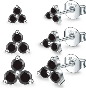 Sterling Silver Stud Earrings for Women- 3 Pairs Hypoallergenic White Gold Plated Small Cubic Zirconia Flower Cartilage Earring Set (3mm/4mm/5mm)