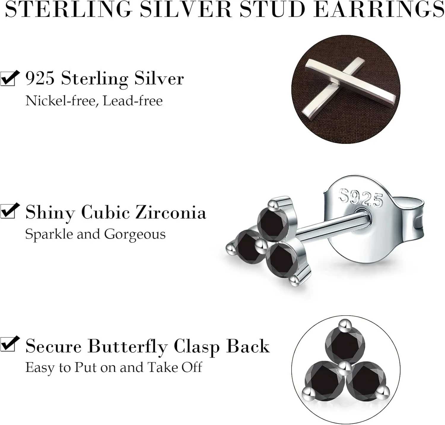 Sterling Silver Stud Earrings for Women- 3 Pairs Hypoallergenic White Gold Plated Small Cubic Zirconia Flower Cartilage Earring Set (3mm/4mm/5mm)