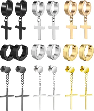 Women Men Stainless Steel Cross Earrings Set Dangle Hinged Earrings of Dangle Hinged Earrings Cross hoop Earrings Gold Silver Black
